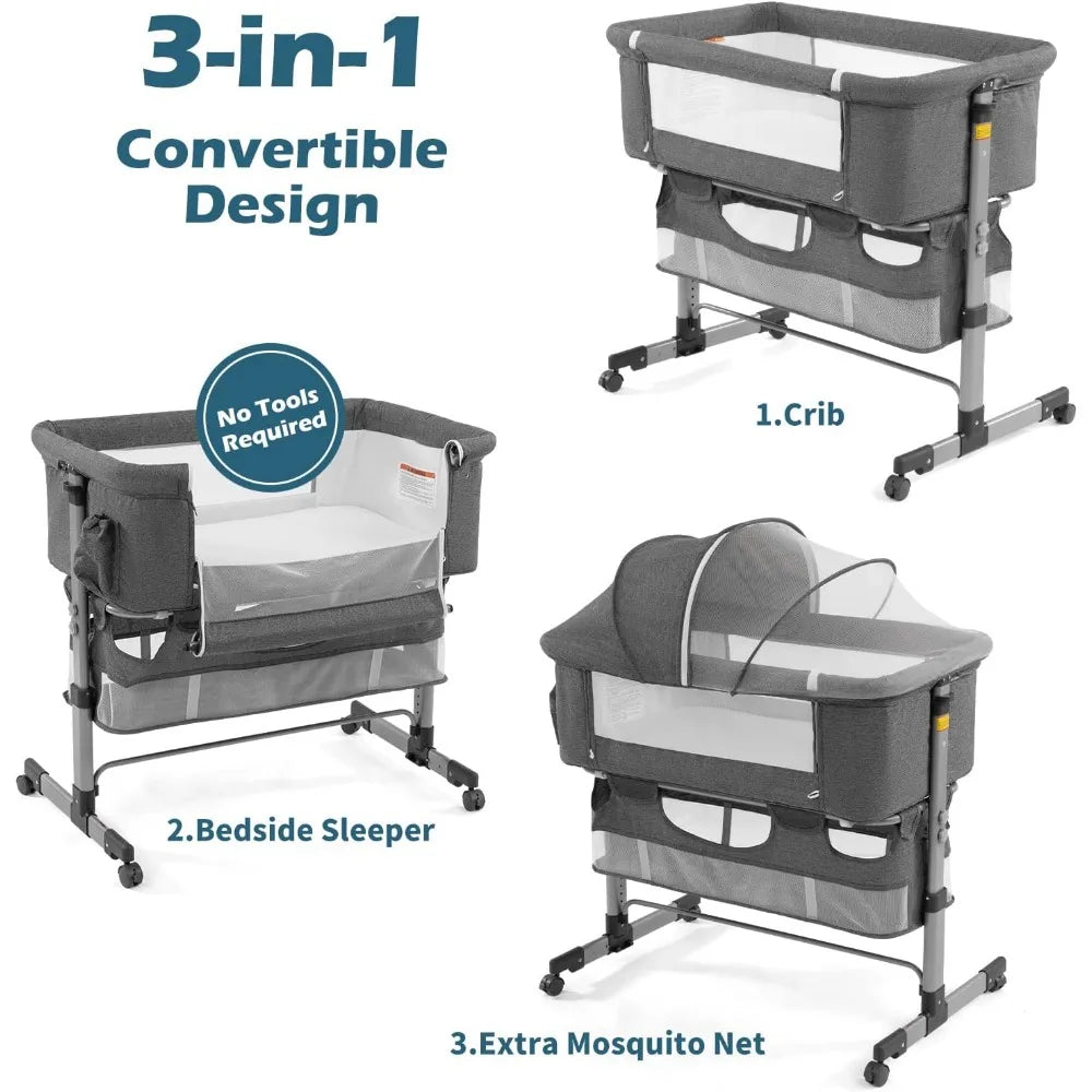 Bedside Crib, Baby Bassinet 3 in 1 Travel Baby Crib