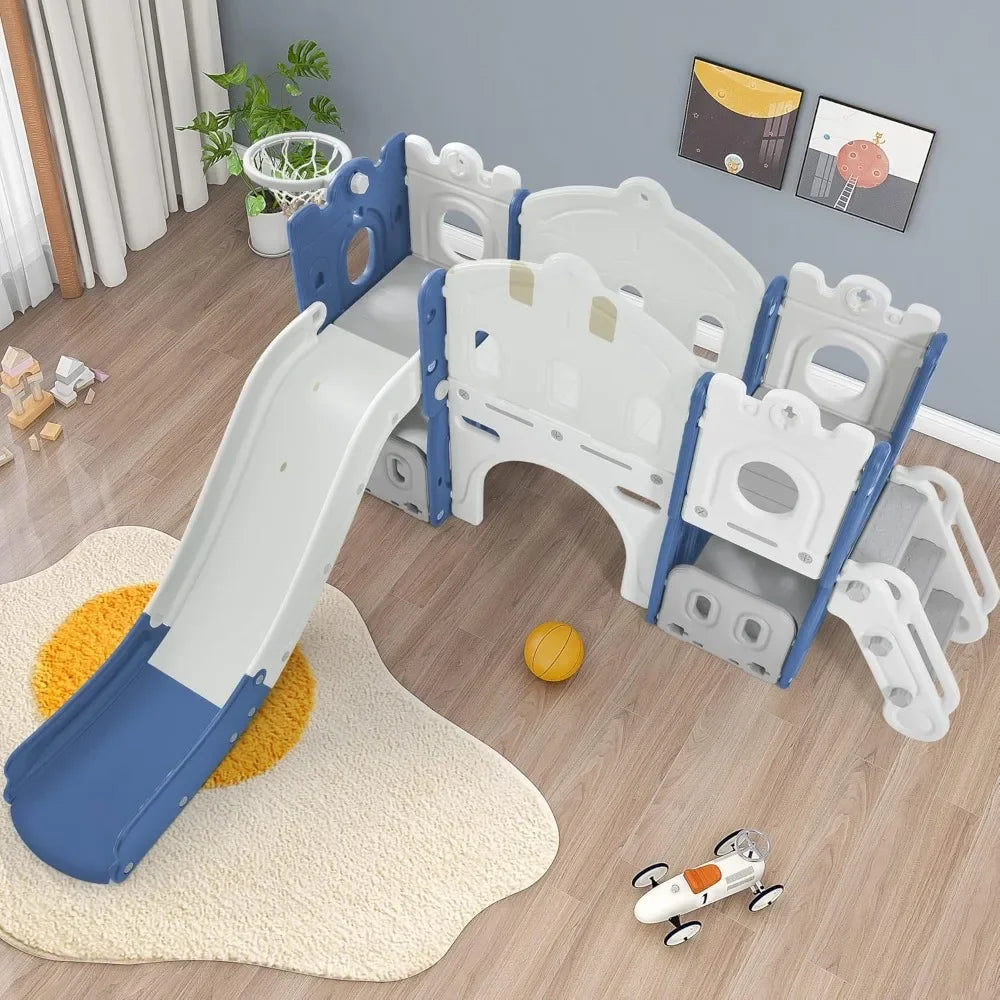 6-in-1 Kids Slide with Climber, Basketball Hoop, Tunnel and Storage Space