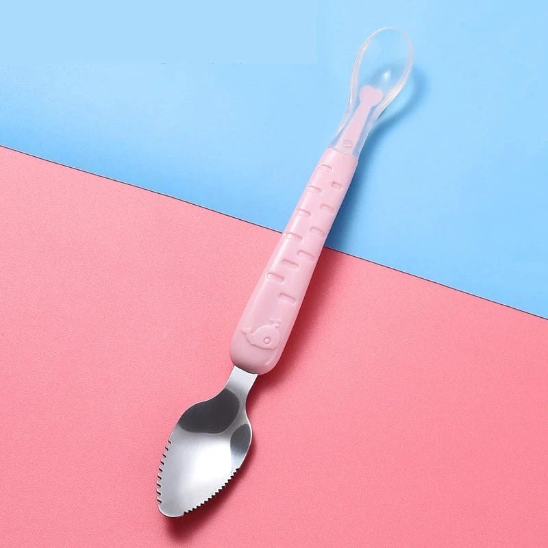 Baby Food Feeding Spoon Stainless Steel Scraping Silicone Soft Spoon Infant Tableware Utensil With Box Children Toddler Cutlery