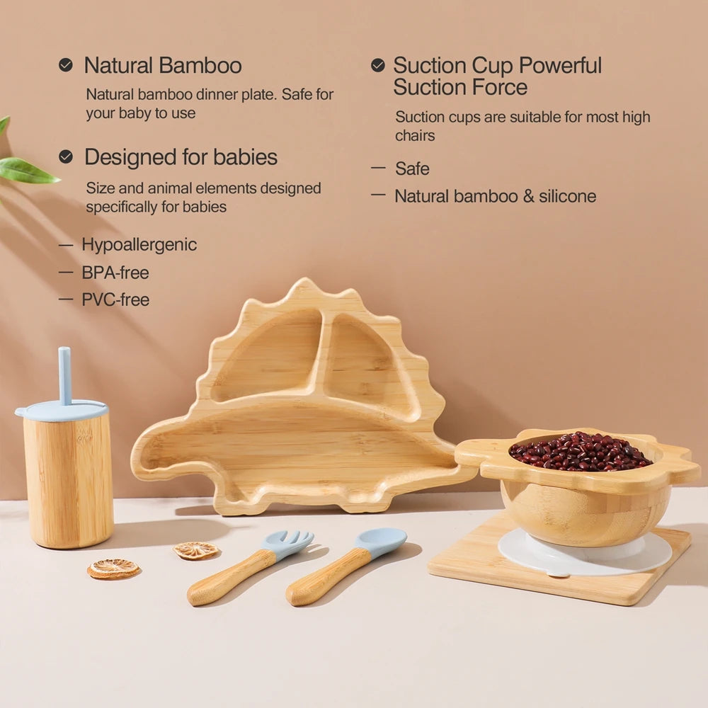 Bamboo Baby Feeding Tableware Set Silicone Suction Cups Kid Dinosaur Dinner Plate Bowl Fork Spoon Cup Baby Feeding Supplies Gift