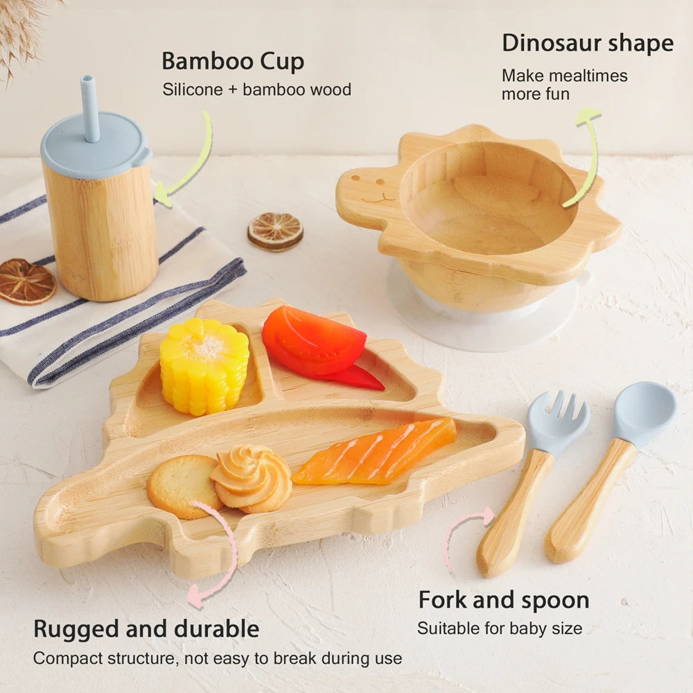 Bamboo Baby Feeding Tableware Set Silicone Suction Cups Kid Dinosaur Dinner Plate Bowl Fork Spoon Cup Baby Feeding Supplies Gift