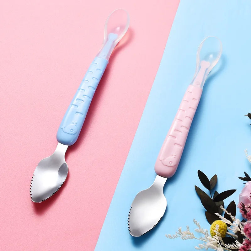 Baby Food Feeding Spoon Stainless Steel Scraping Silicone Soft Spoon Infant Tableware Utensil With Box Children Toddler Cutlery