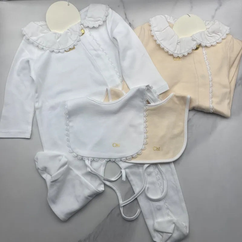 3PCS/Set New Fashion Baby Gilrs Pink Romper+Bib Newborn Cotton Baby Overalls Girls Clothing One Piece Peter Pan Collar Jumpsuits