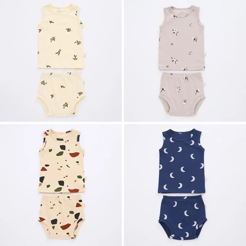 0-3T Newborn Kid Baby Boys Girls Clothes set Summer Print Tank Top Shorts set Cute Sweet Cotton 2pcs Clothing set Home wear