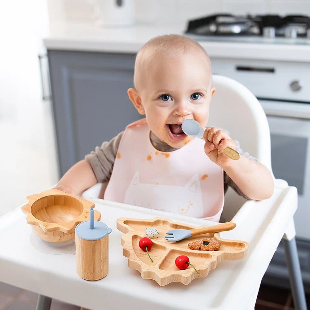 Bamboo Baby Feeding Tableware Set Silicone Suction Cups Kid Dinosaur Dinner Plate Bowl Fork Spoon Cup Baby Feeding Supplies Gift