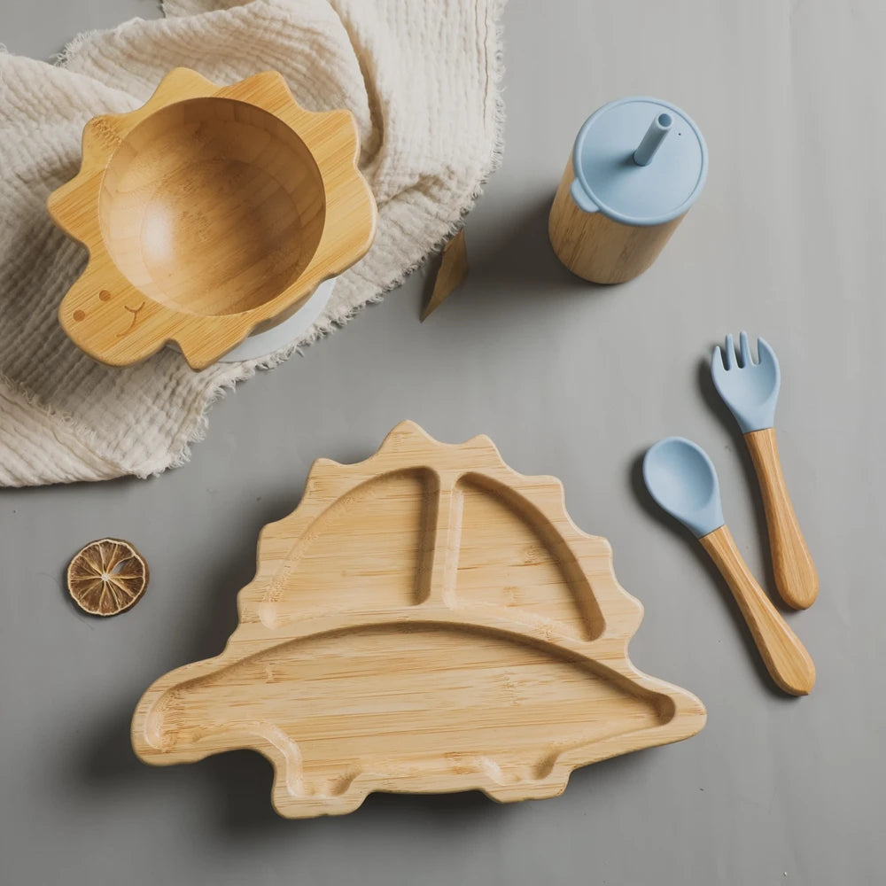 Bamboo Baby Feeding Tableware Set Silicone Suction Cups Kid Dinosaur Dinner Plate Bowl Fork Spoon Cup Baby Feeding Supplies Gift