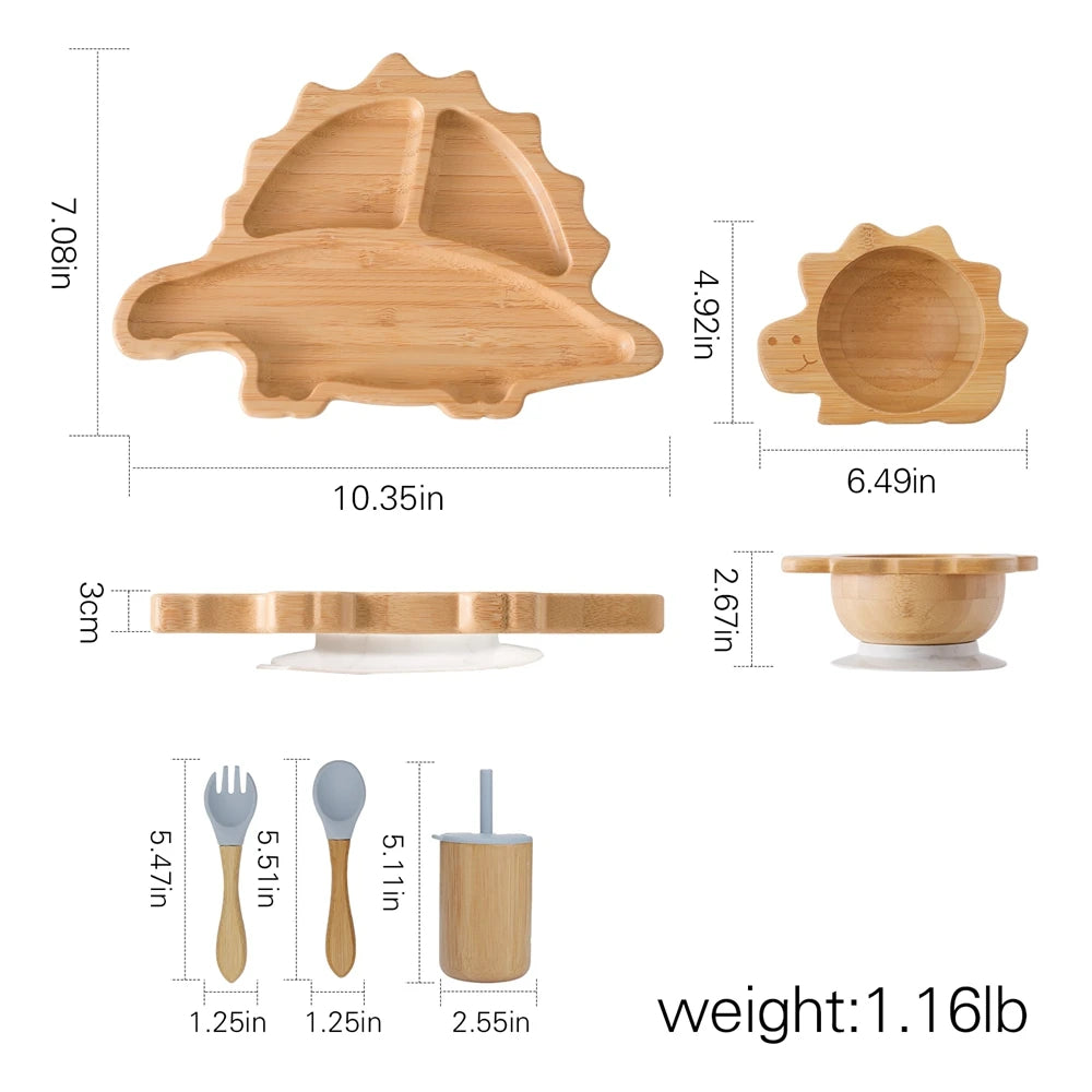 Bamboo Baby Feeding Tableware Set Silicone Suction Cups Kid Dinosaur Dinner Plate Bowl Fork Spoon Cup Baby Feeding Supplies Gift